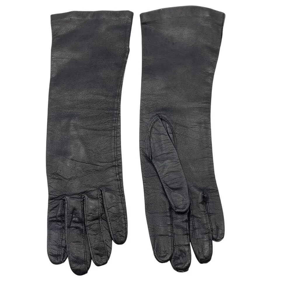 Vintage womens leather mid length gloves size 37 black soft supple driving